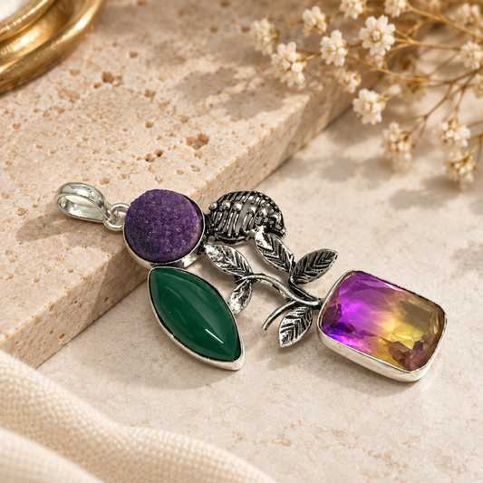 Druzy Amethyst Green Agate Multicolor Boho Floral Pendant PEN760-SLV-NMUL03
