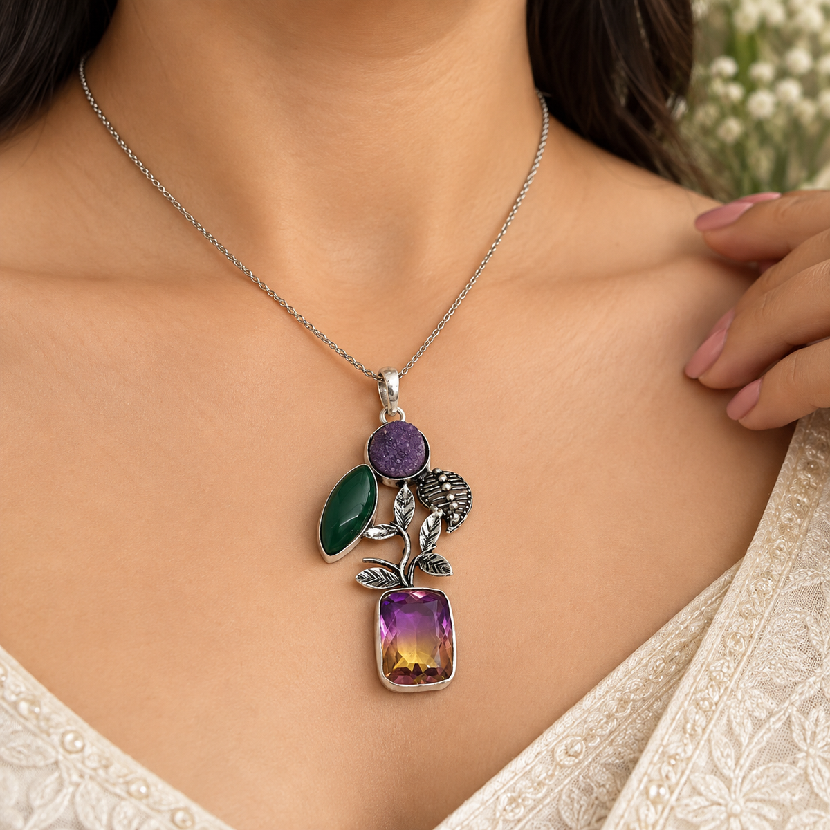 Druzy Amethyst Green Agate Multicolor Boho Floral Pendant PEN760-SLV-NMUL03