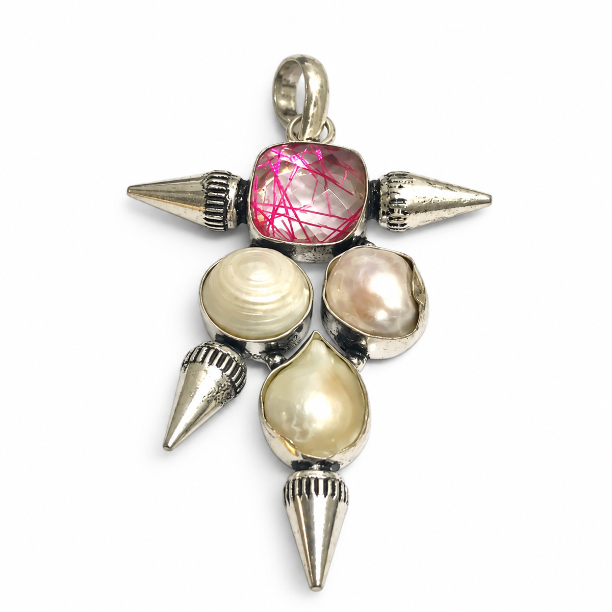Pink Rutile Pearl Pendant Antique Silver Tone Jewelry PEN762-SLV-LR-NPRL04