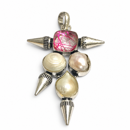 Pink Rutile Pearl Pendant Antique Silver Tone Jewelry PEN762-SLV-LR-NPRL04