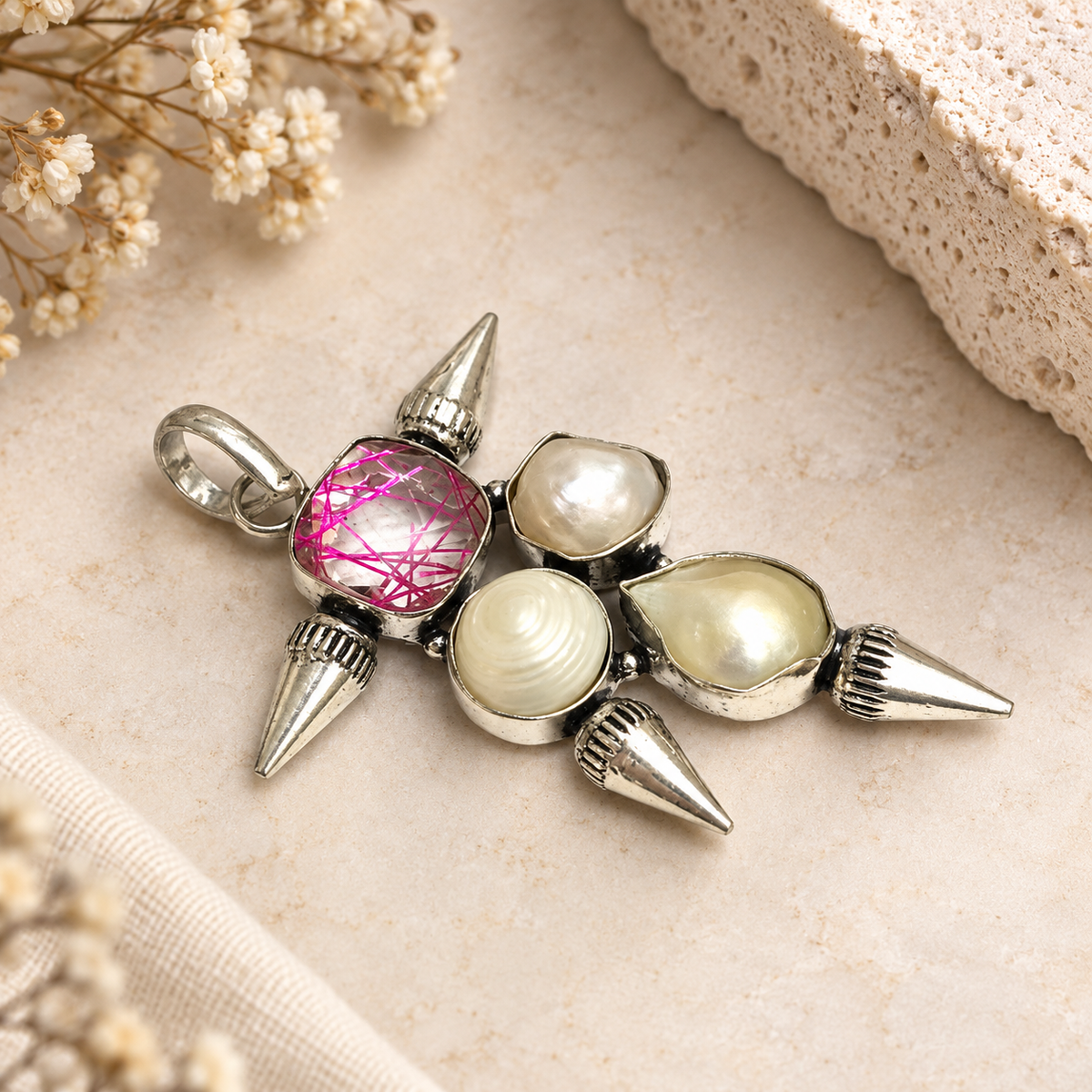 Pink Rutile Pearl Pendant Antique Silver Tone Jewelry PEN762-SLV-LR-NPRL04