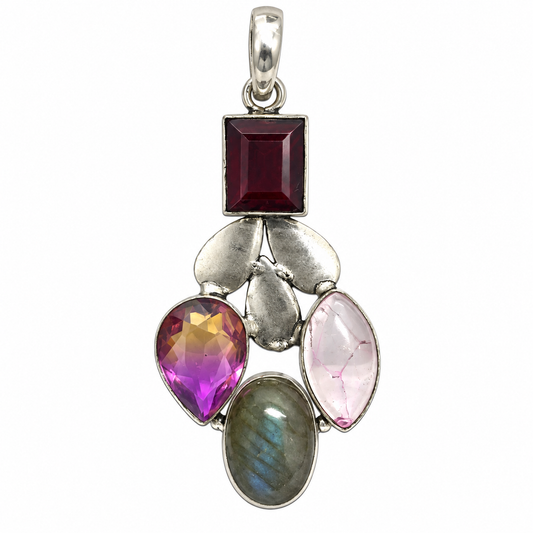 Multicolor Gemstone Pendant Antique Silver Tone Boho Jewelry PEN763-SLV-LGR-NMUL04