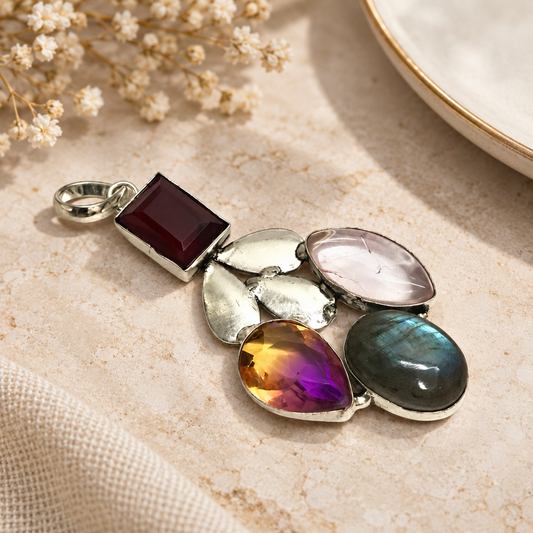 Multicolor Gemstone Pendant Antique Silver Tone Boho Jewelry PEN763-SLV-LGR-NMUL04