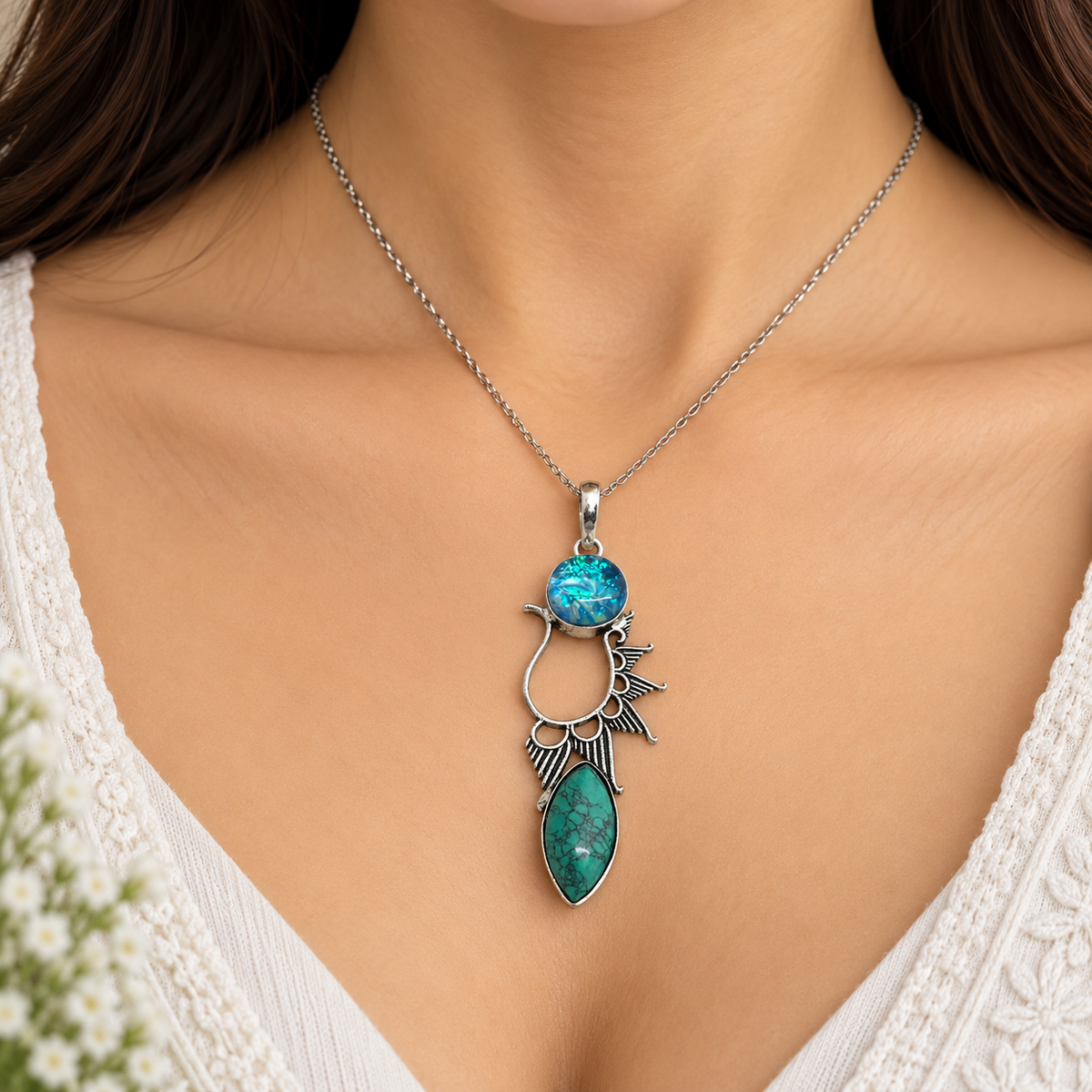 Turquoise Opal Silver Pendant with Artistic Tribal Design PEN769-SLV-LOPL-LTQS02