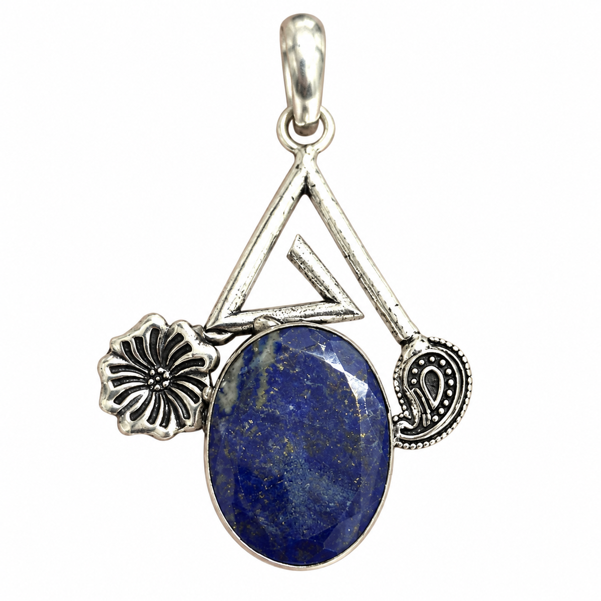 Lapis Lazuli Silver Pendant with Unique Floral Design PEN772-SLV-NLLZ01