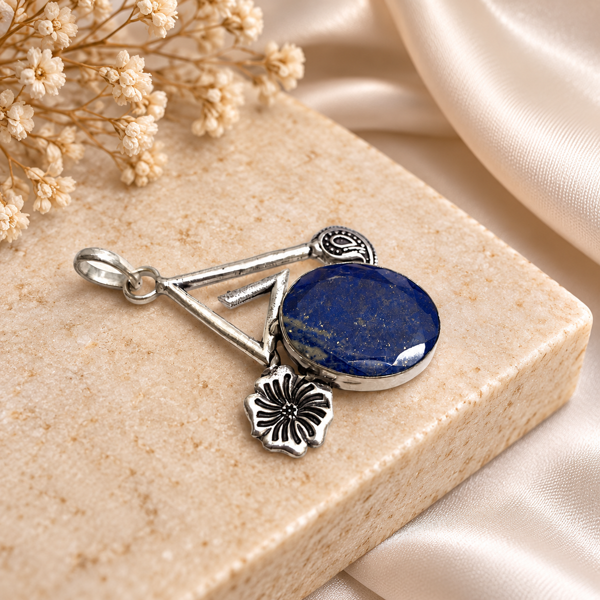 Lapis Lazuli Silver Pendant with Unique Floral Design PEN772-SLV-NLLZ01