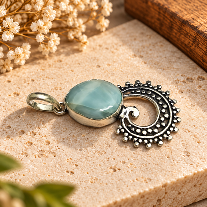Larimar Silver Pendant with Elegant Tribal Design PEN773-SLV-NLAR01