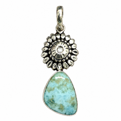 Larimar Blue Gemstone Pendant in Antique Silver Floral Style PEN775-SLV-NLAR01