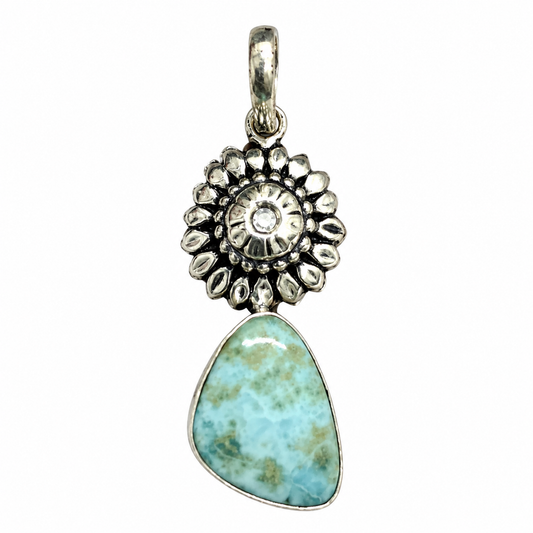 Larimar Blue Gemstone Pendant in Antique Silver Floral Style PEN775-SLV-NLAR01