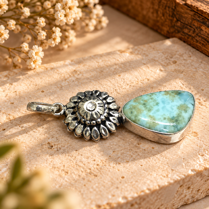 Larimar Blue Gemstone Pendant in Antique Silver Floral Style PEN775-SLV-NLAR01