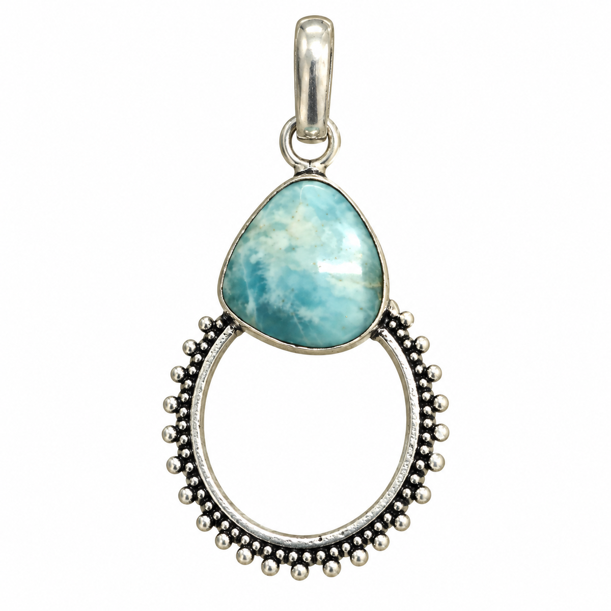 Larimar Blue Stone Pendant with Antique Silver Hoop Design PEN776-SLV-NLAR01