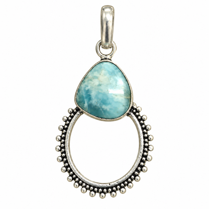 Larimar Blue Stone Pendant with Antique Silver Hoop Design PEN776-SLV-NLAR01
