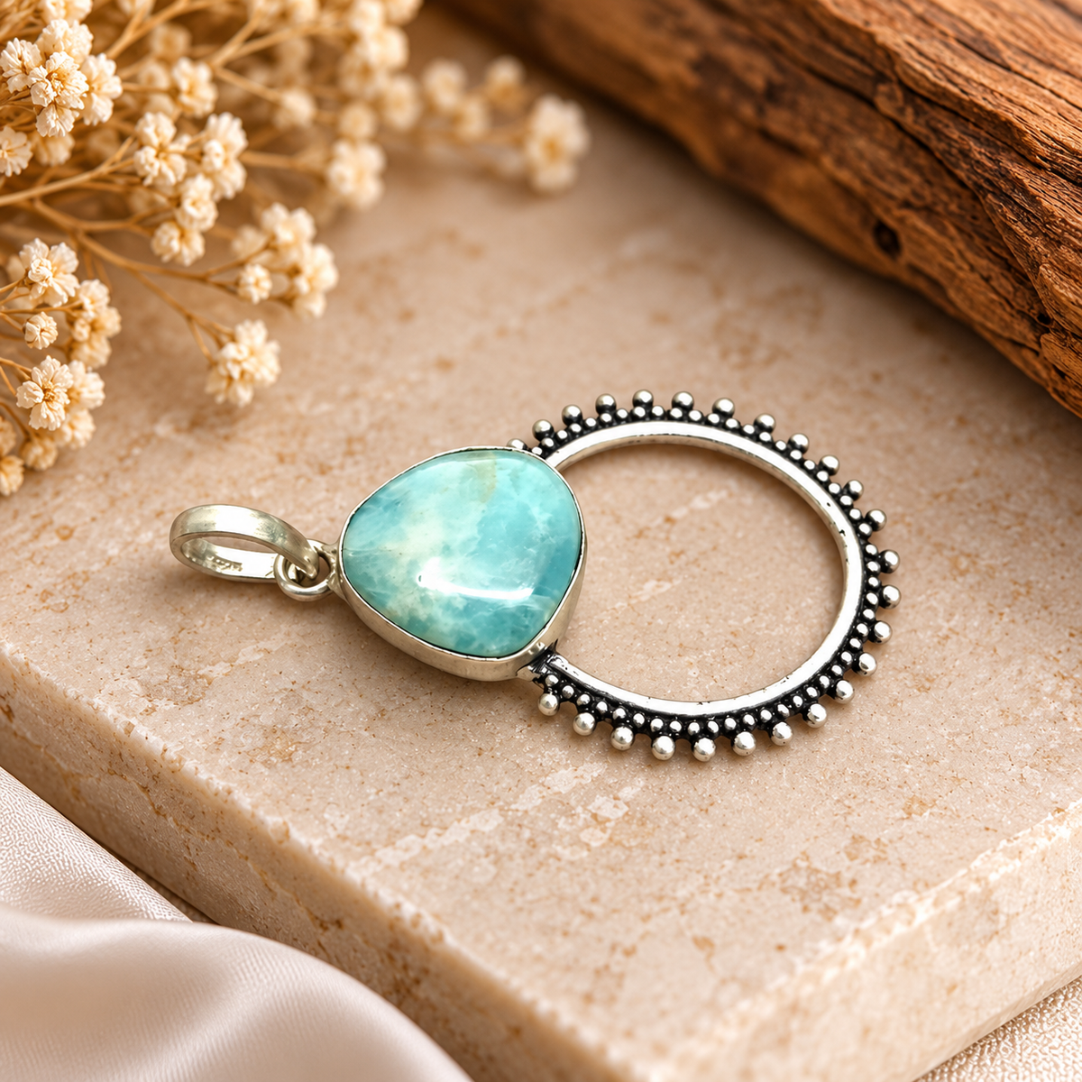 Larimar Blue Stone Pendant with Antique Silver Hoop Design PEN776-SLV-NLAR01