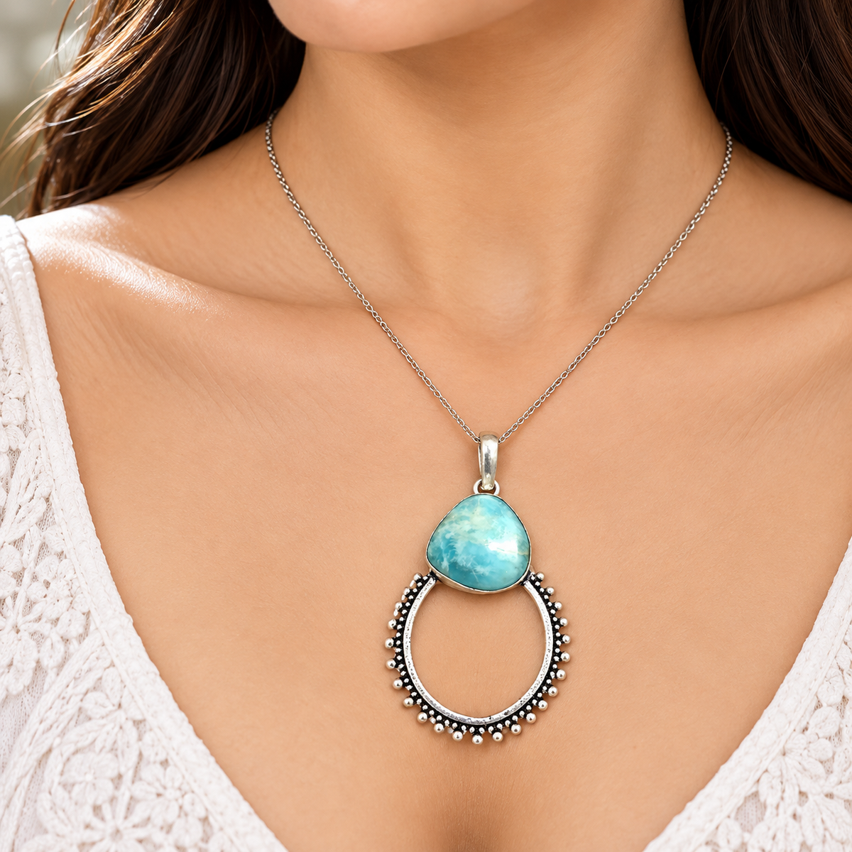 Larimar Blue Stone Pendant with Antique Silver Hoop Design PEN776-SLV-NLAR01