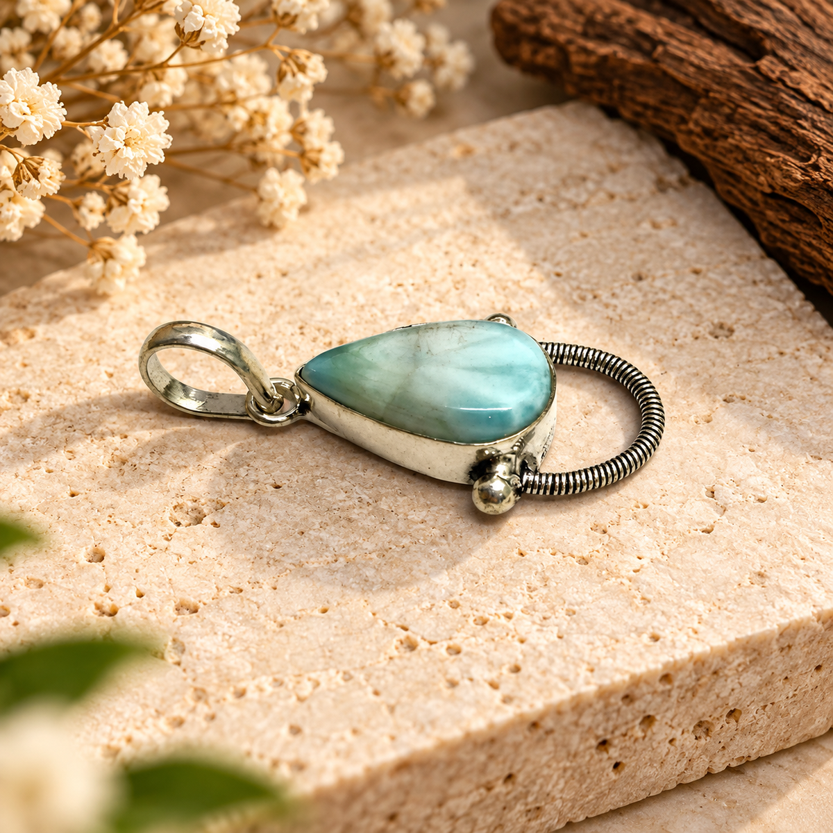 Larimar Blue Gemstone Pendant with Unique Silver Accent PEN777-SLV-NLAR01