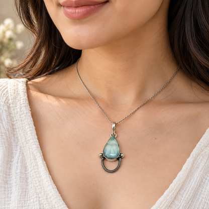 Larimar Blue Gemstone Pendant with Unique Silver Accent PEN777-SLV-NLAR01