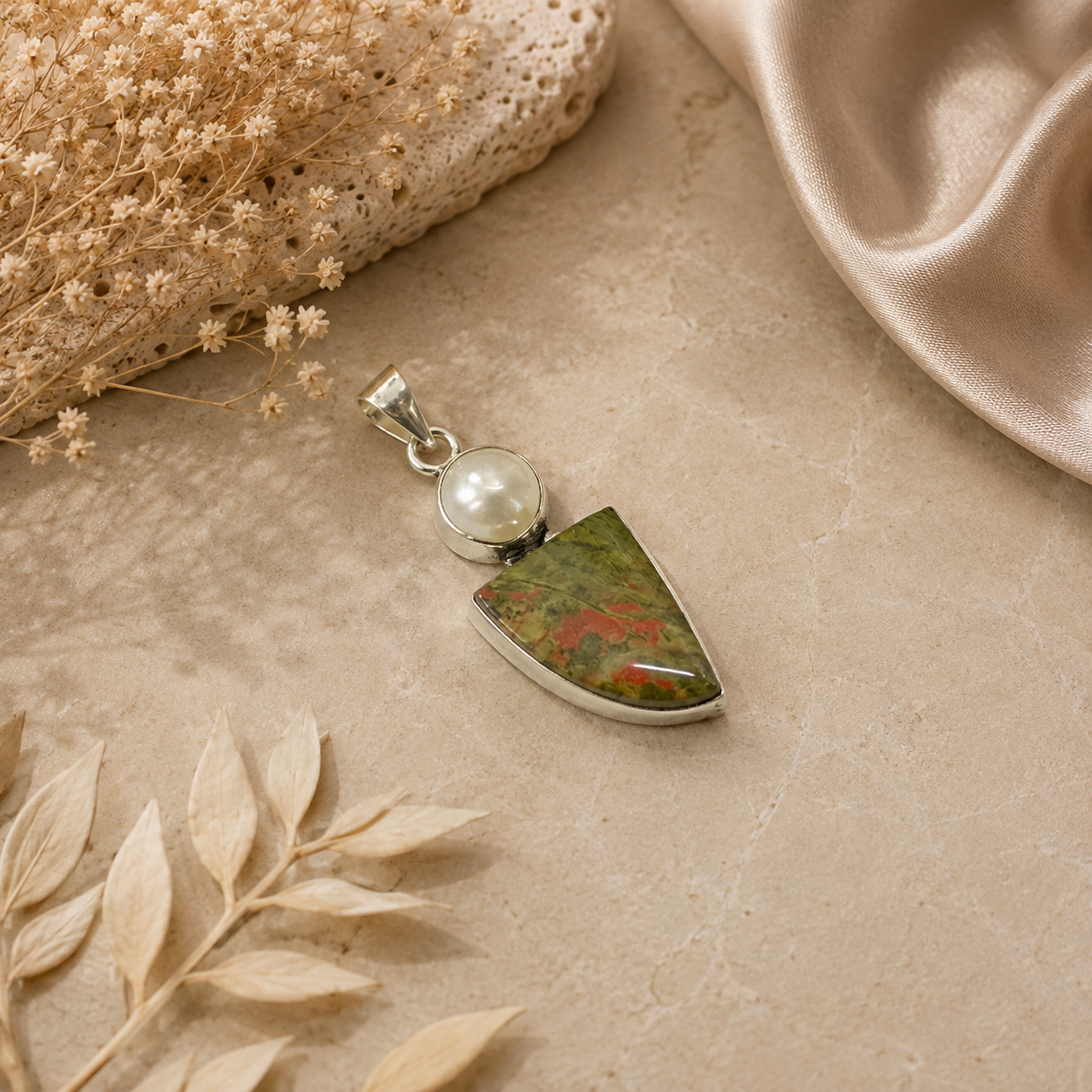Unakite Pearl Silver Pendant, Natural Gemstone Boho Jewelry Gift PEN78-SLV-NRUN-NPRL02