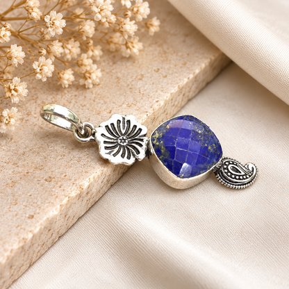 Floral Lapis Lazuli Silver-Tone Pendant PEN785-SLV-NLLZ01