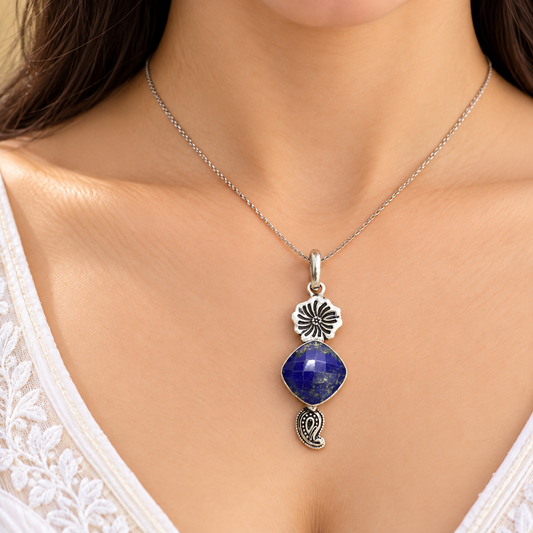 Floral Lapis Lazuli Silver-Tone Pendant PEN785-SLV-NLLZ01
