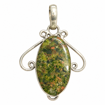 Green Unakite Jasper Pendant | Oval Stone Boho Jewelry PEN787-SLV-NRUN01