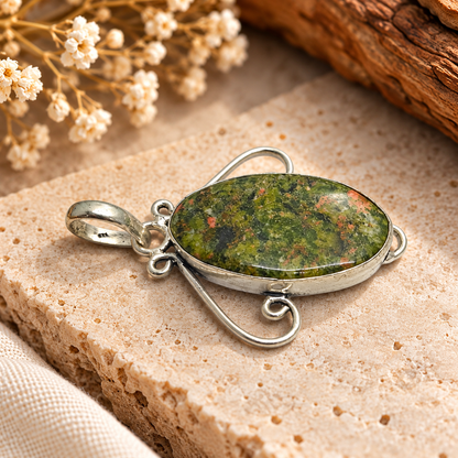 Green Unakite Jasper Pendant | Oval Stone Boho Jewelry PEN787-SLV-NRUN01