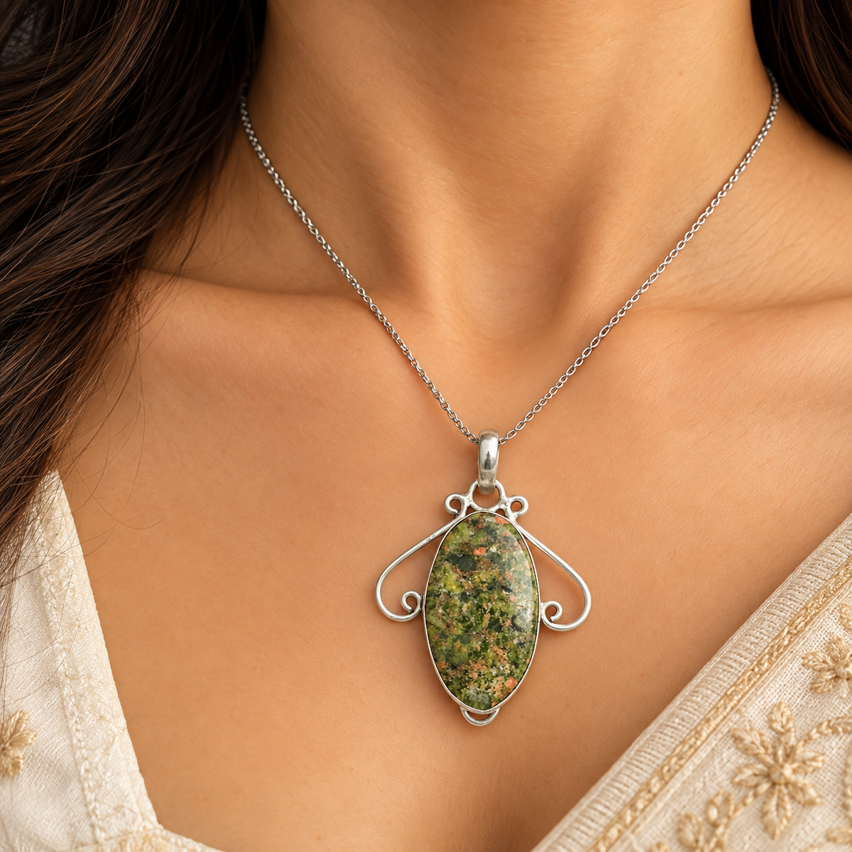 Green Unakite Jasper Pendant | Oval Stone Boho Jewelry PEN787-SLV-NRUN01