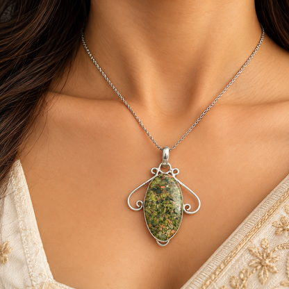 Green Unakite Jasper Pendant | Oval Stone Boho Jewelry PEN787-SLV-NRUN01