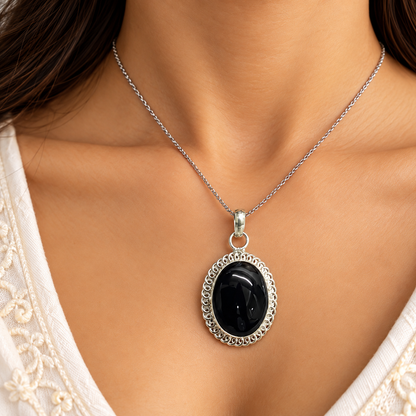 Black Botswana Agate Pendant Necklace Vintage Oval Gemstone Jewelry PEN788-SLV-NBWAG01