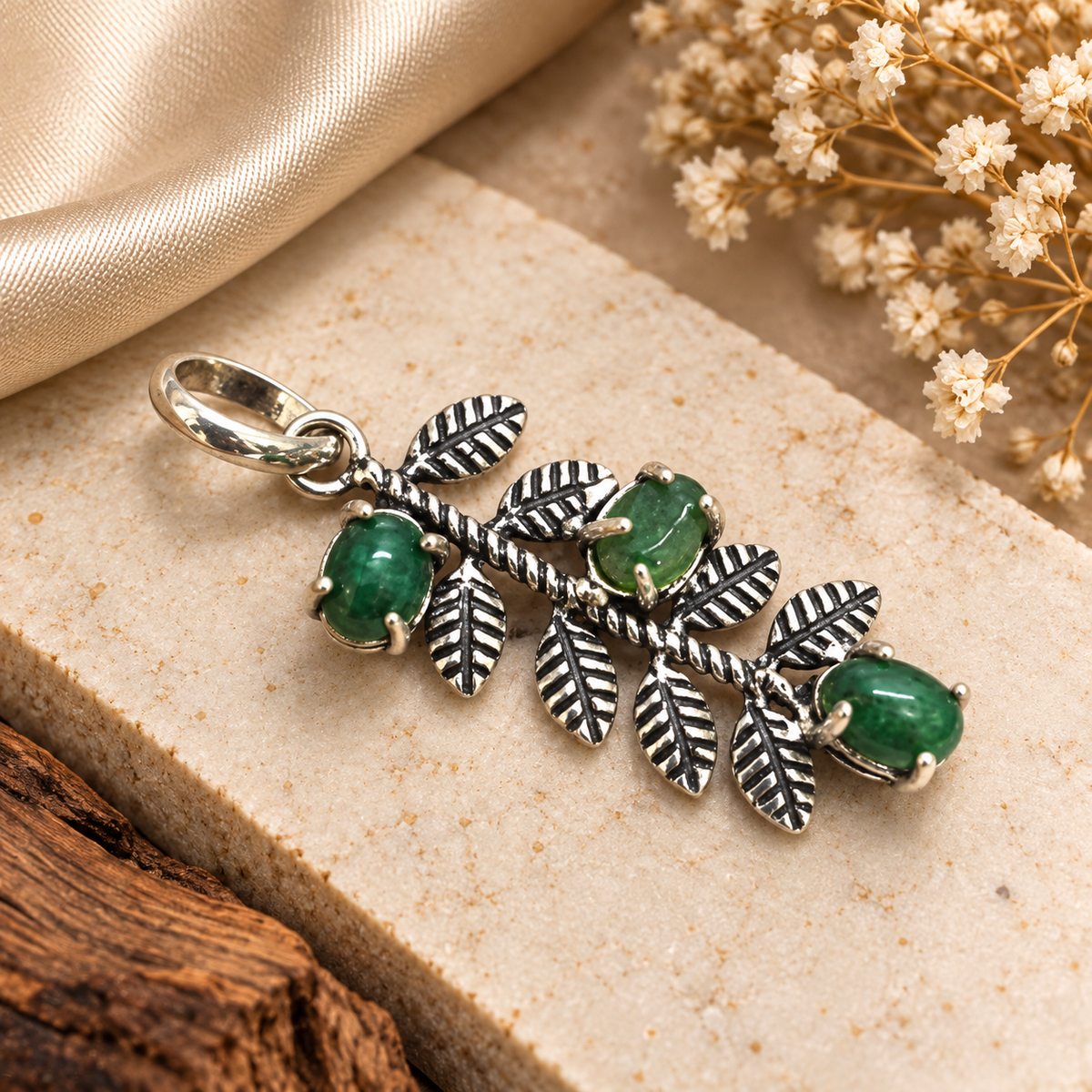 Green Gemstone Leaf Pendant | Nature Inspired Boho Jewelry PEN791-SLV-NGO03