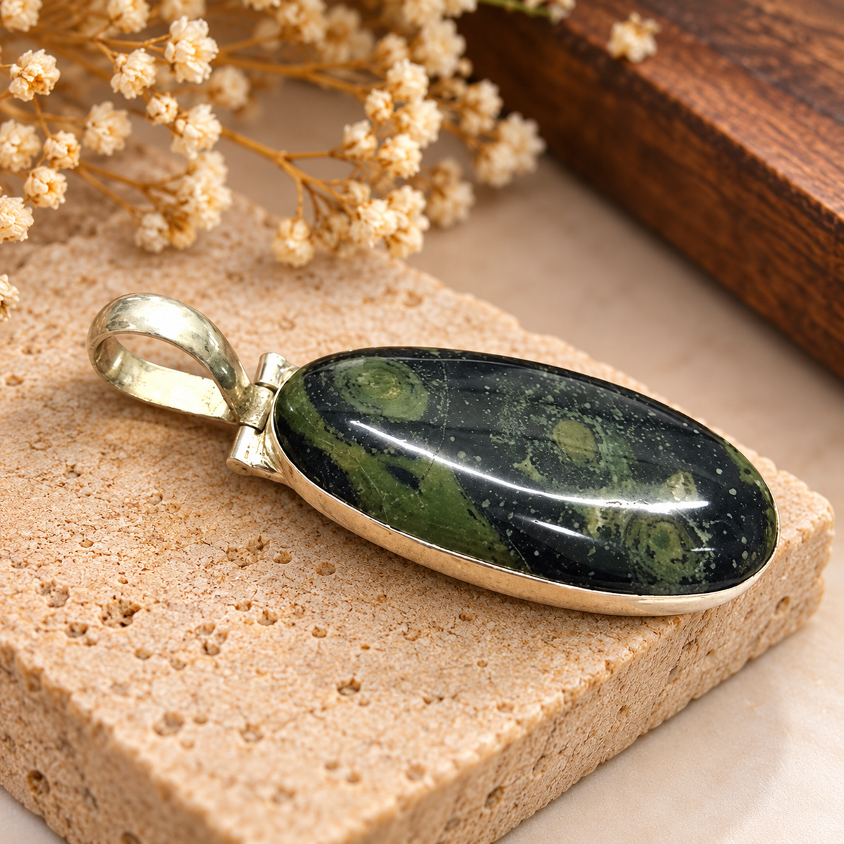 Green Kambaba Jasper Pendant | Oval Stone Boho Jewelry PEN792-SLV-NKJR01