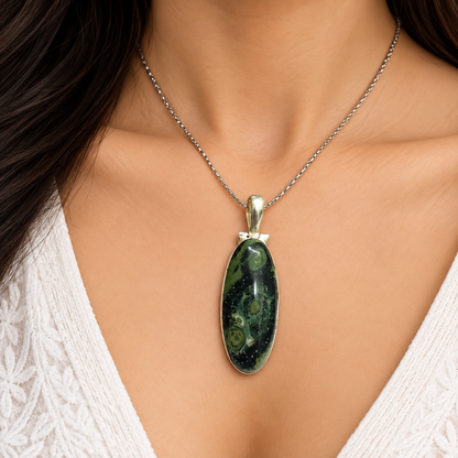 Green Kambaba Jasper Pendant | Oval Stone Boho Jewelry PEN792-SLV-NKJR01