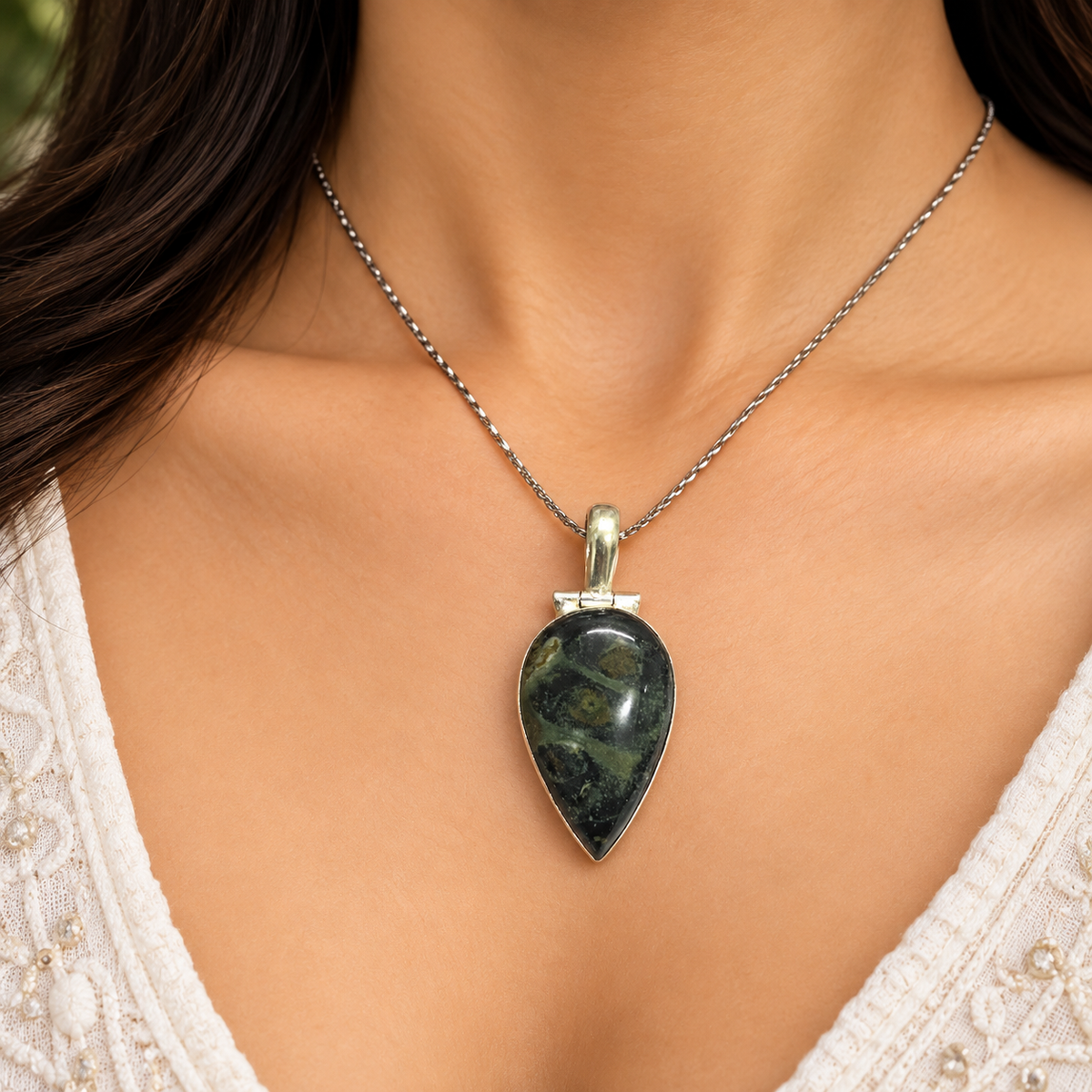 Green Kambaba Jasper Pendant Teardrop Stone Boho Jewelry PEN793-SLV-NKJR01