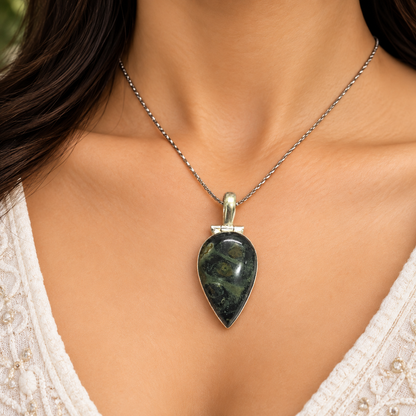 Green Kambaba Jasper Pendant Teardrop Stone Boho Jewelry PEN793-SLV-NKJR01