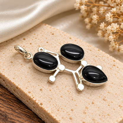 Black Onyx Pendant | Modern Geometric Statement Jewelry PEN794-SLV-NBO03