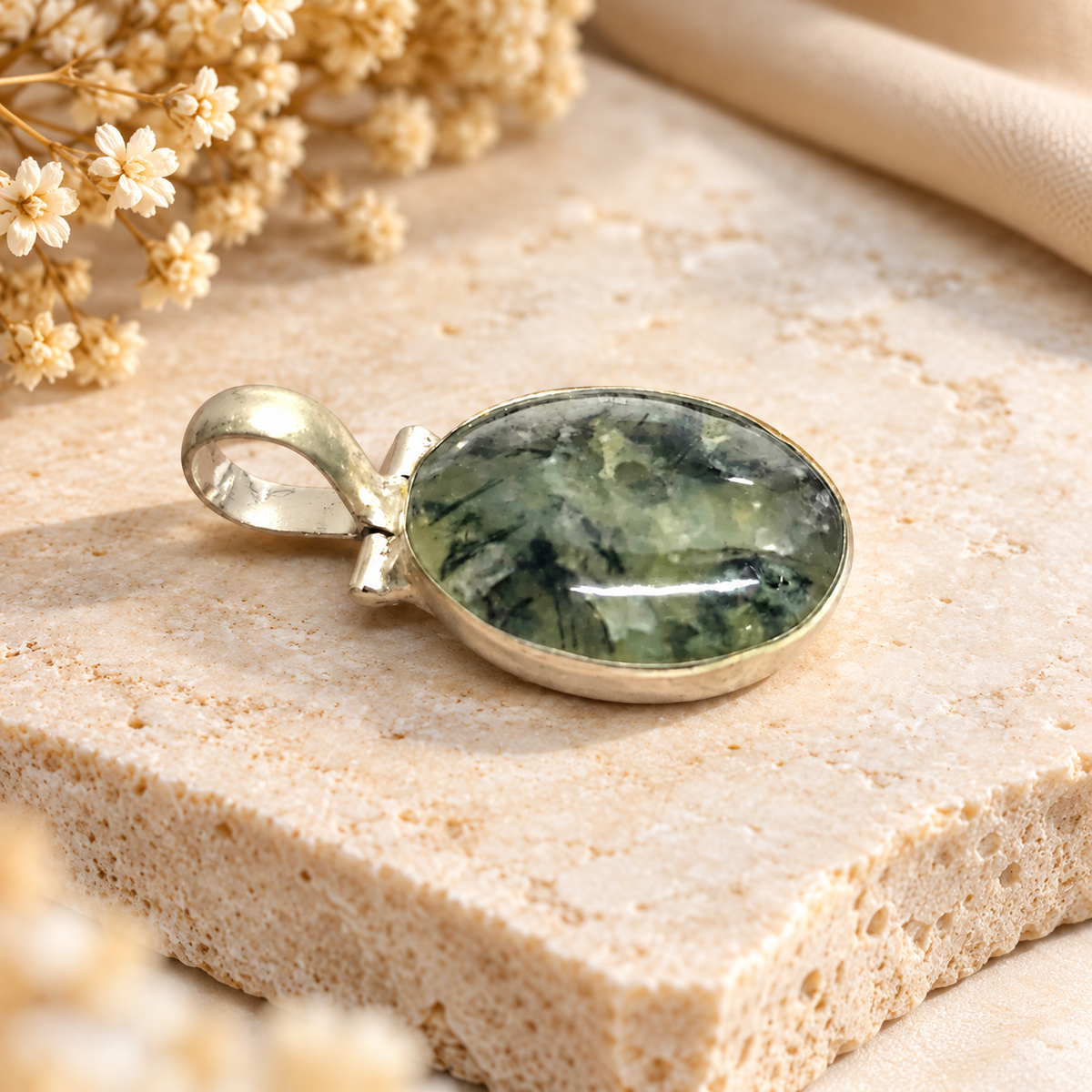 Prehnite Pendant | Green Natural Stone Boho Jewelry Gift PEN799-SLV-NPR01