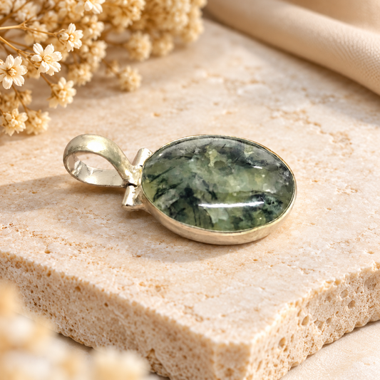 Prehnite Pendant | Green Natural Stone Boho Jewelry Gift PEN799-SLV-NPR01