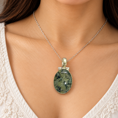 Prehnite Pendant | Green Natural Stone Boho Jewelry Gift PEN799-SLV-NPR01