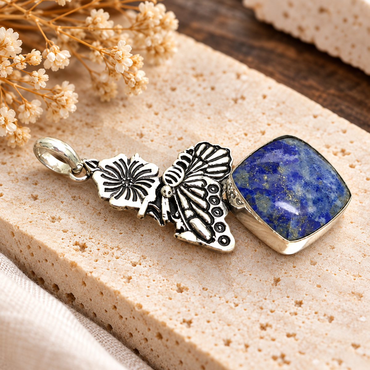 Lapis Lazuli Pendant | Tribal Silver Tone Boho Jewelry Gift PEN800-SLV-NLLZ01