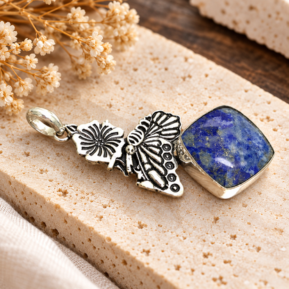 Lapis Lazuli Pendant | Tribal Silver Tone Boho Jewelry Gift PEN800-SLV-NLLZ01