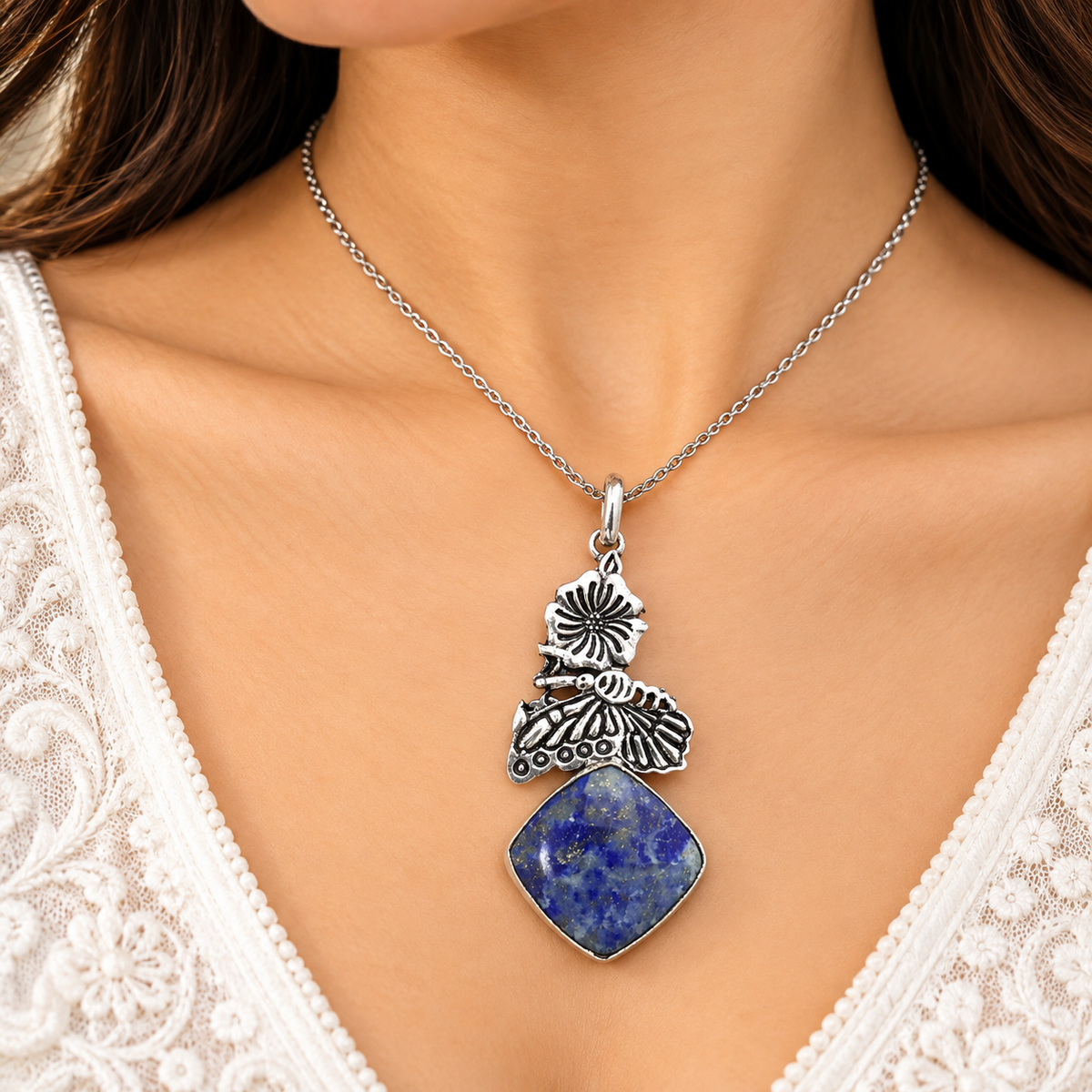 Lapis Lazuli Pendant | Tribal Silver Tone Boho Jewelry Gift PEN800-SLV-NLLZ01