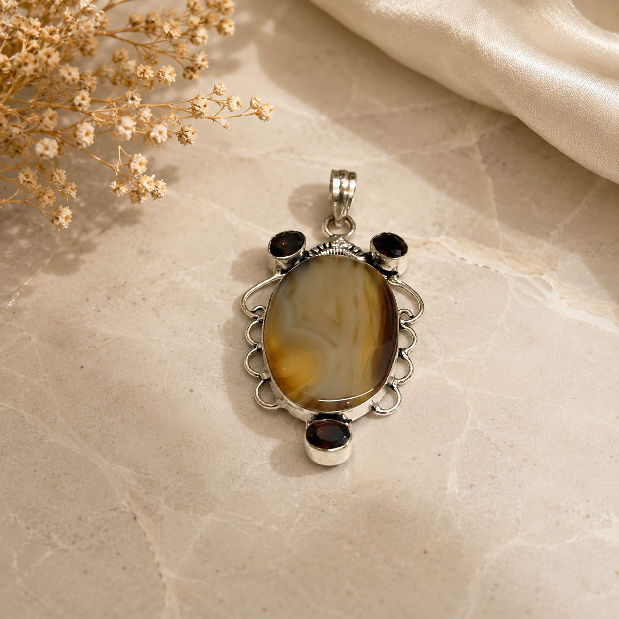 Natural Brown Banded Agate Pendant, Smoky Quartz Statement Jewelry PEN83-SLV-NBW-LSMQ04
