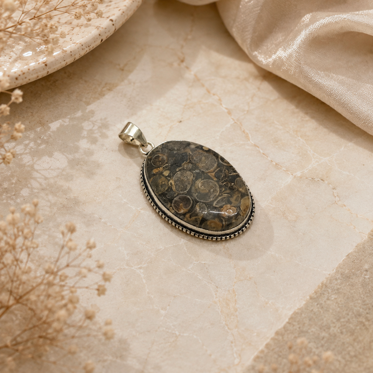 Natural Turritella Agate Oval Pendant, Fossil Gemstone Boho Jewelry PEN84-SLV-NTT01