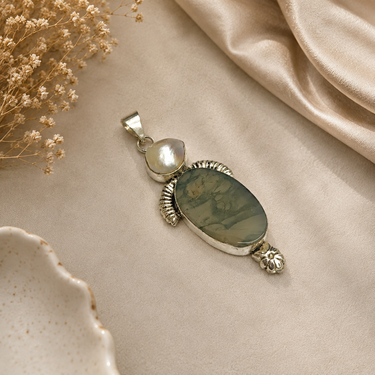 Natural Moss Agate Pearl Pendant, Silver Tone Boho Statement Jewelry PEN85-SLV-NMAG-NPRL02