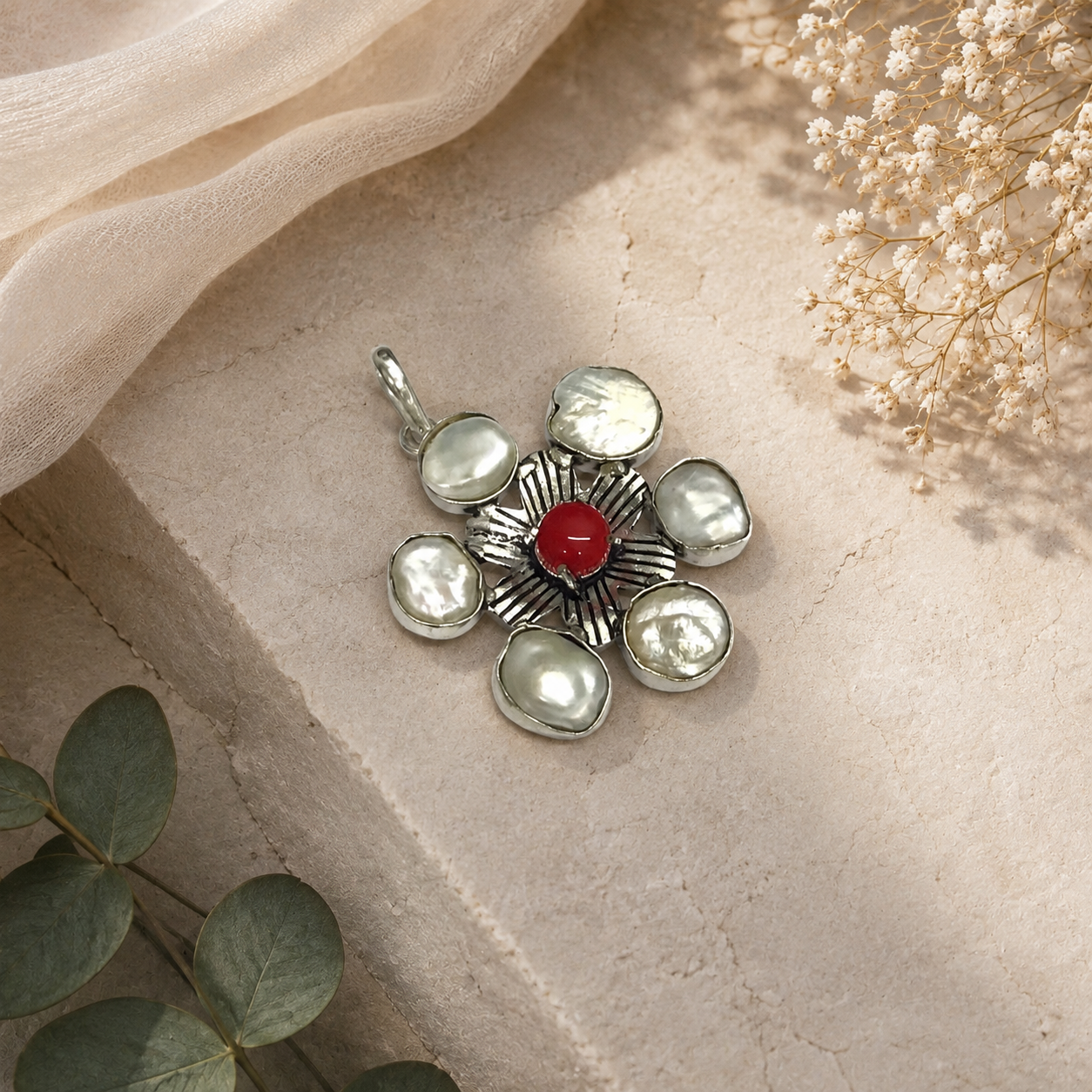 Natural Pearl Red Coral Gemstone Floral Pendant, Boho Silver Jewelry PEN89-SLV-NPRL-LRC07