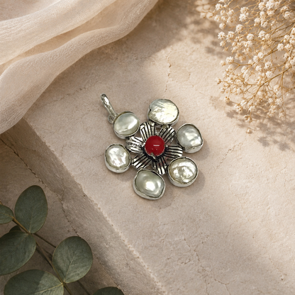 Natural Pearl Red Coral Gemstone Floral Pendant, Boho Silver Jewelry PEN89-SLV-NPRL-LRC07