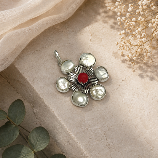Natural Pearl Red Coral Gemstone Floral Pendant, Boho Silver Jewelry PEN89-SLV-NPRL-LRC07