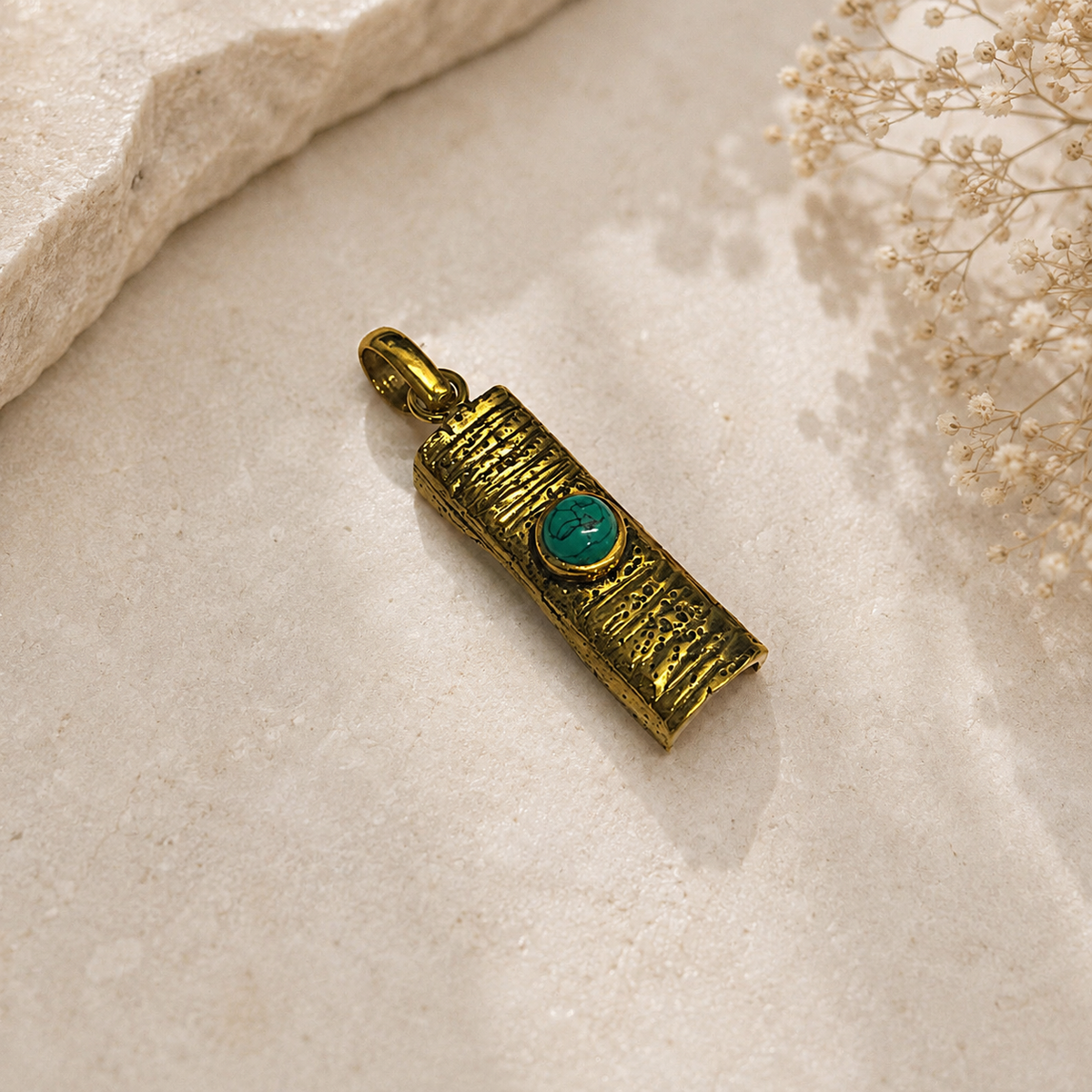 Turquoise Brass Pendant, Rustic Tribal Boho Statement Jewelry PEN92-BRS-NTUR01