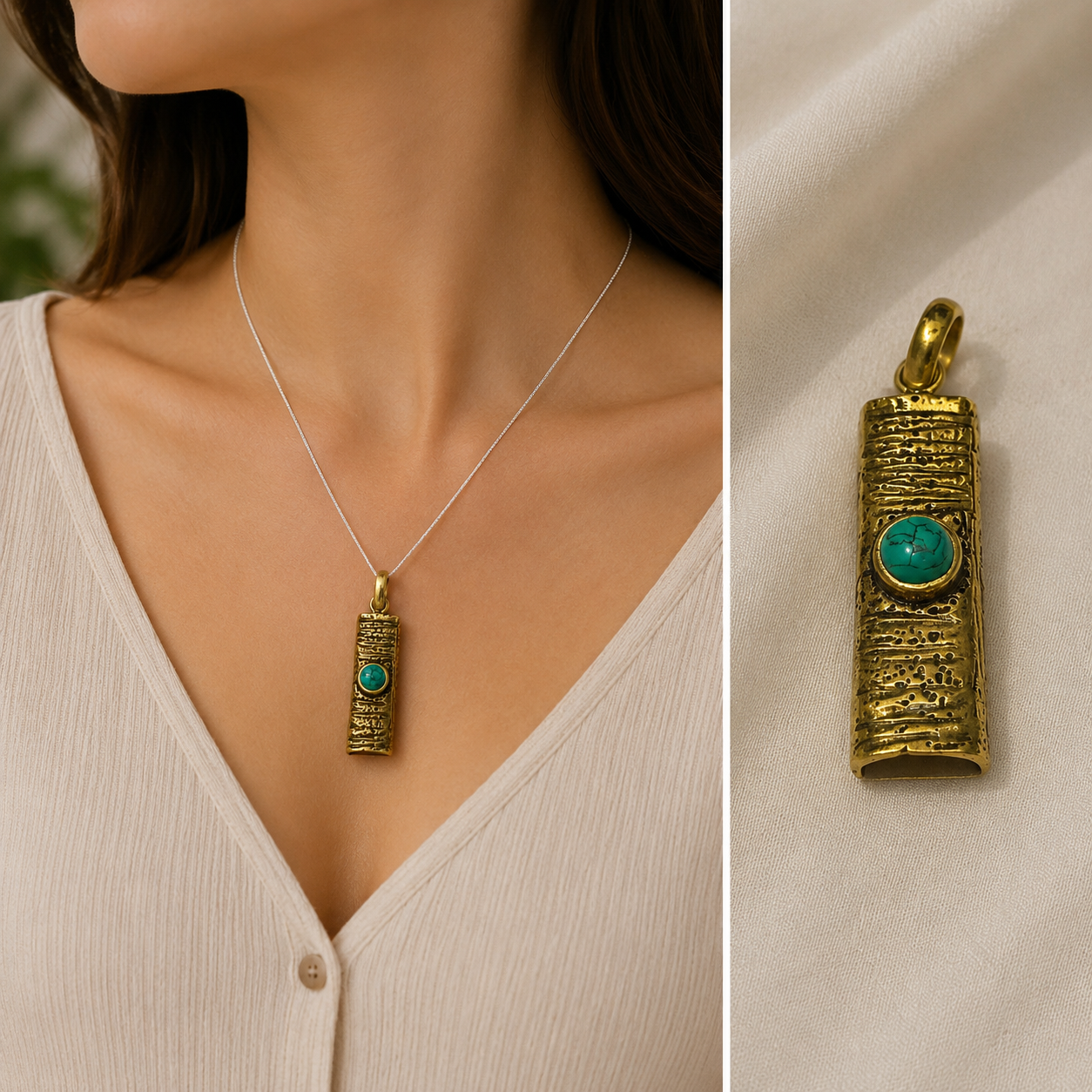 Turquoise Brass Pendant, Rustic Tribal Boho Statement Jewelry PEN92-BRS-NTUR01