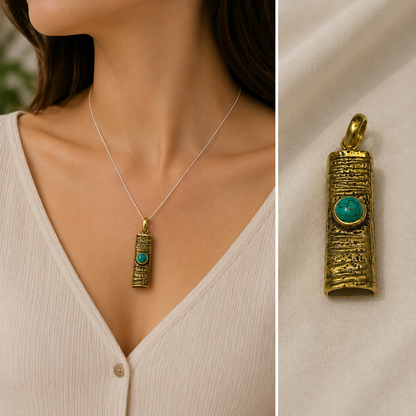 Turquoise Brass Pendant, Rustic Tribal Boho Statement Jewelry PEN92-BRS-NTUR01