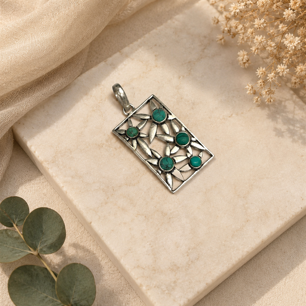 Turquoise Floral Pendant, Silver Geometric Boho Statement Jewelry PEN93-SLV-NTUR05